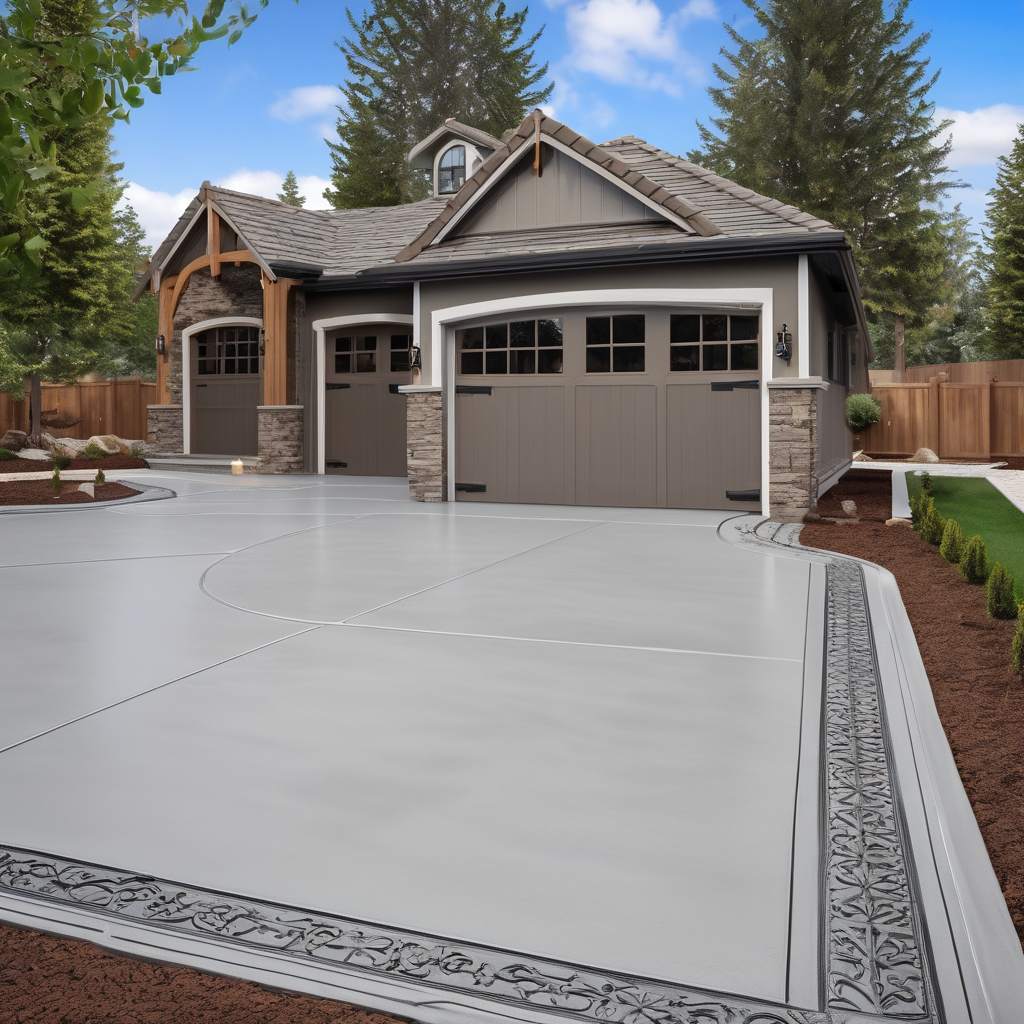 Professional concrete driveway with decorative stamped pattern